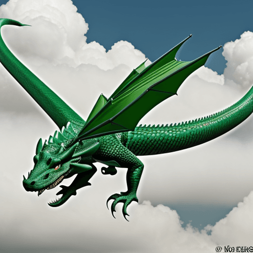 AI generated: Un fiero dragón verde emergiendo de las nubes, caracter completo. sin cortar.