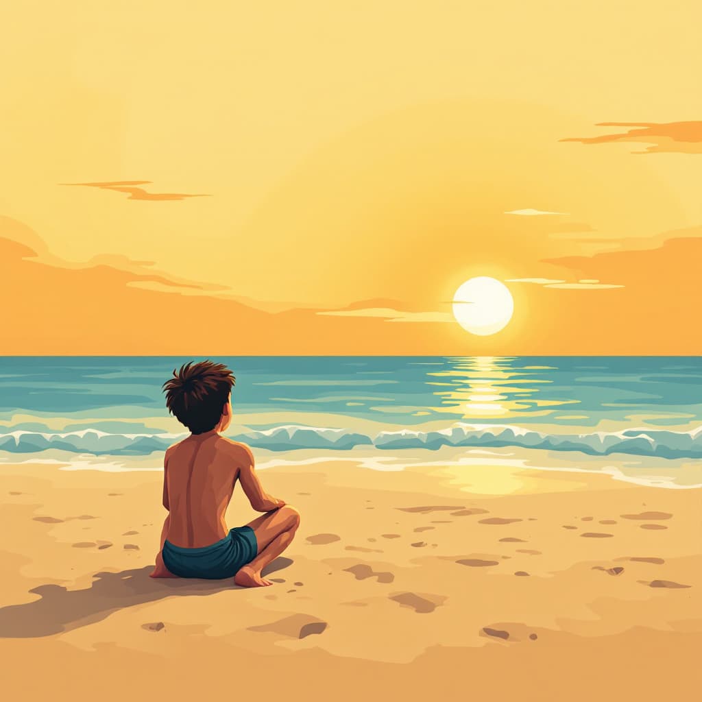 AI generated: The boy playing volleyball on a sandy beach. Thick outlines of shapes and forms.