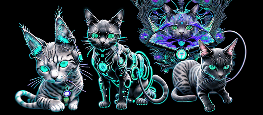 AI generated: Cyberpunk Portrait of adorable cat, symmetric features, listening to music with earpod, electric ark...