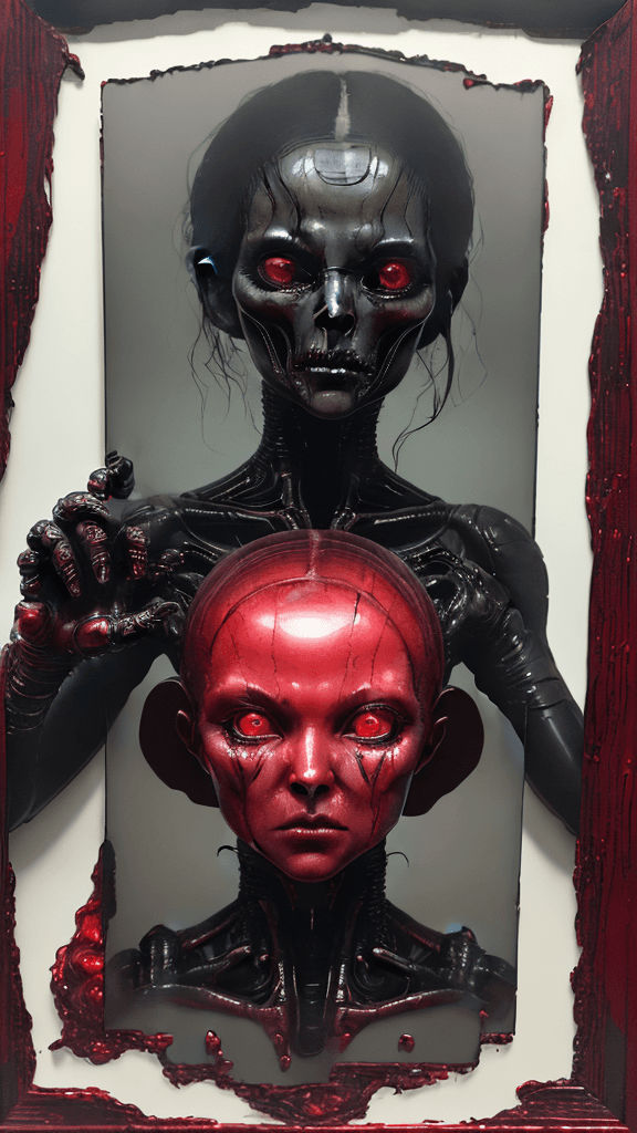 AI generated: ultra HD "complex-inducing (Alien:1.6) RFKTR-style headshot framed transparent ruby red in the style...