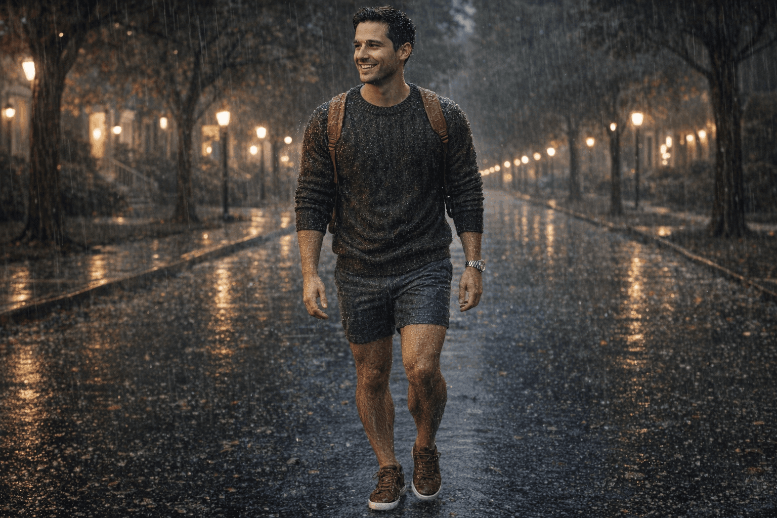 AI generated: In a cold night in the beginning of Autumn. 
The model is walking on the sidewalk in a very nice nei...