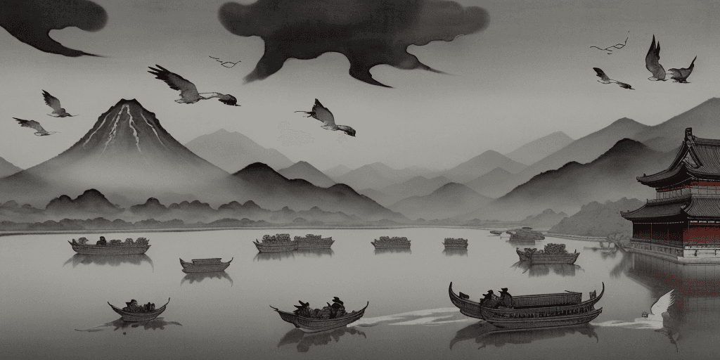 AI generated: Tradition Chinese Ink Painting style of An ancient Chinese ink painting, several geese flying in the...