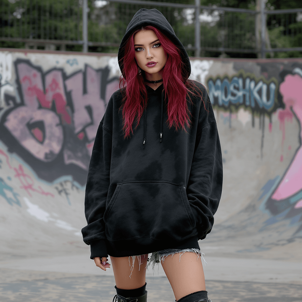 AI generated: A photorealistic image of a stylish girl in edgy streetwear fashion. She is wearing a black oversize...