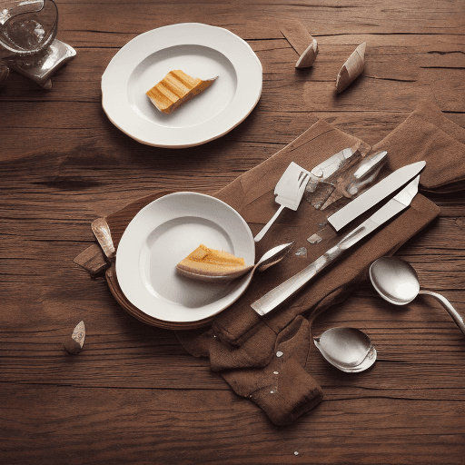 AI generated:  photograph of a broken plate with a cutlery on a wooden table, cinematic 4k epic detailed 4k epic d...
