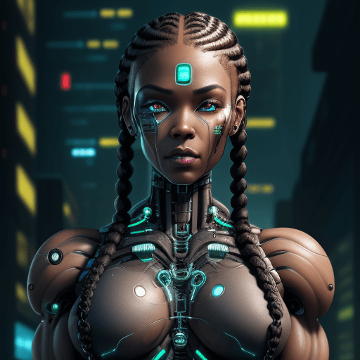 AI generated: Beautiful cyborg Black woman| with a visible cybernetic detailed braids| muscles cable wires| biopun...