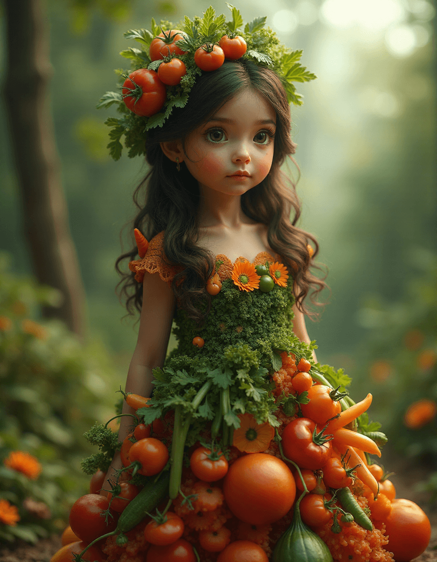 AI generated: adorable girl in a dress made of vegetables, cinematic, insane details, intricate details, hyperdeta...
