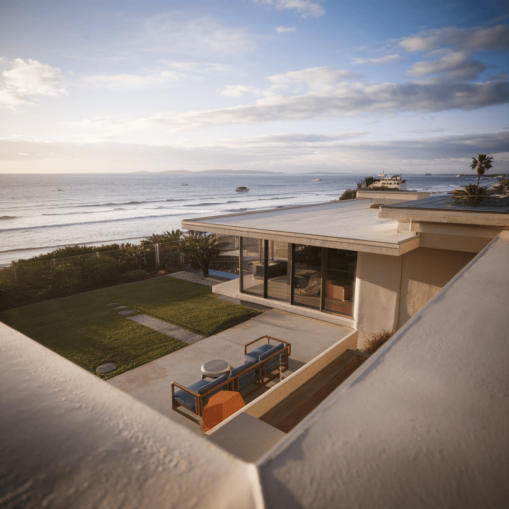 AI generated: Hyper realistic eye level exterior photo of a mid century modern style house overlooking the ocean, ...