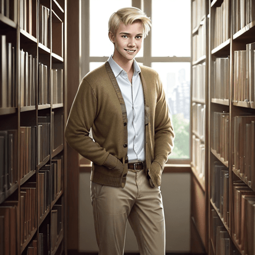 AI generated: Full-body shot of a handsome young man with short blond hair, smiling, wearing a collared shirt and ...