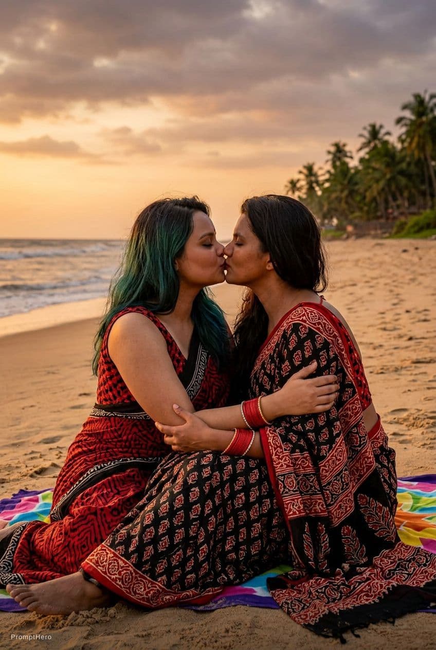 AI generated: Two girls sitting on beach side kissing each other and hands on waist of each. Wearing a sleeveless ...