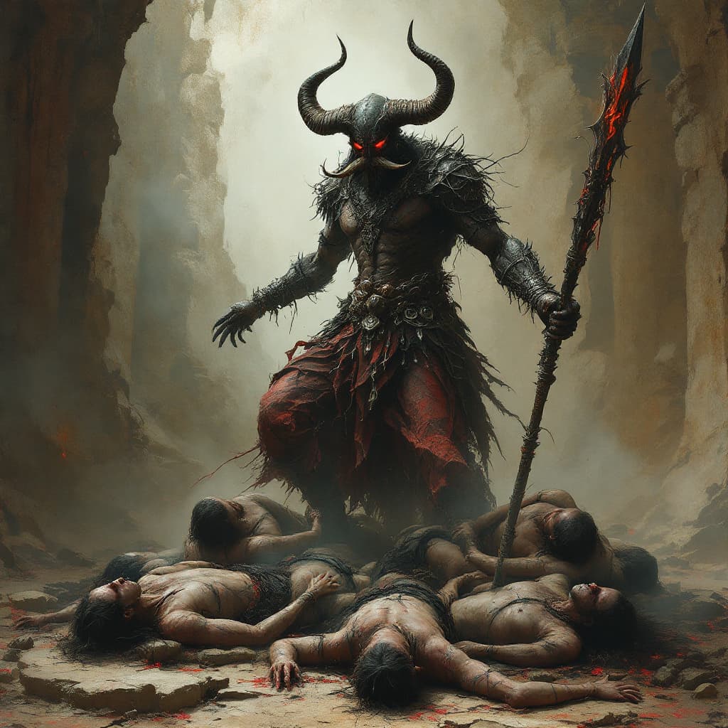 AI generated:  Ancient hindu demon illustration of a mahisasur who is leader of asuras with buffafalo horns large ...