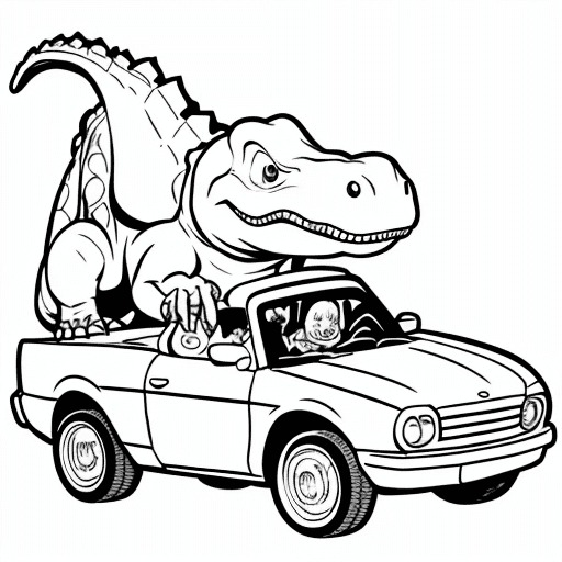 AI generated: dinosaur in car for coloring book,light