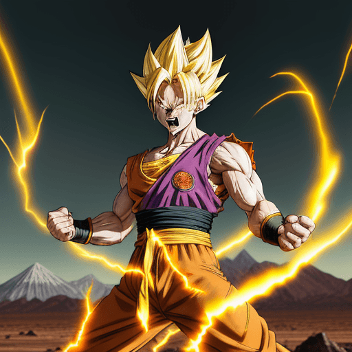 AI generated: Dbz: Gohan like character, extra long yellow hair, fighting at war, extreme rage, berserk, screaming...