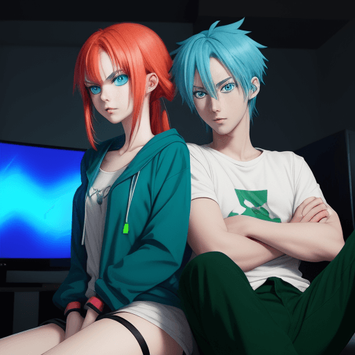 AI generated: anime girl with blue eyes and blue hair and anime guy with green eyes and red hair are sitting at th...