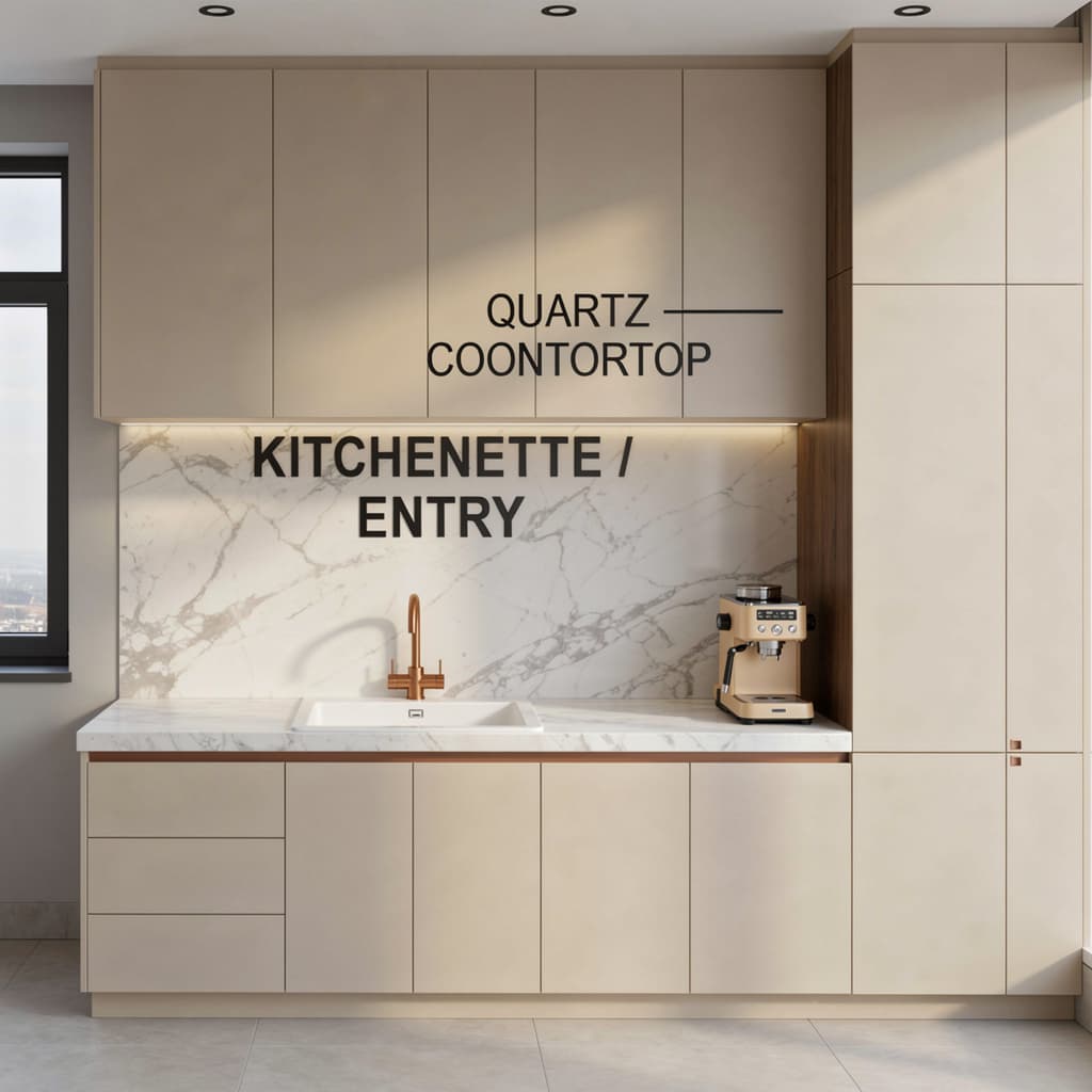 AI generated: modern kitchen, sleek eggshell light beige finishes, with a beige and wood, white marble, EF 24mm f/...