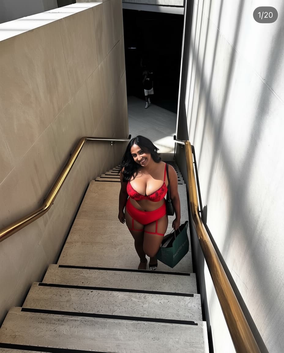 AI generated: Can you give her a tiny red victoria secret lingerie set and make her chest bigger