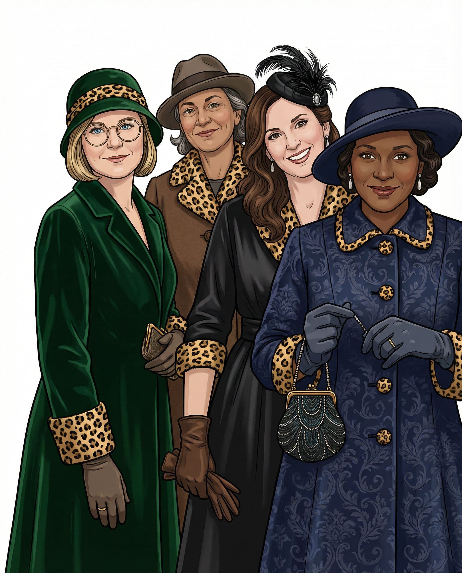AI generated: Four unique women in elegant vintage fashion, full-body clipart on a white background, dressed for a...