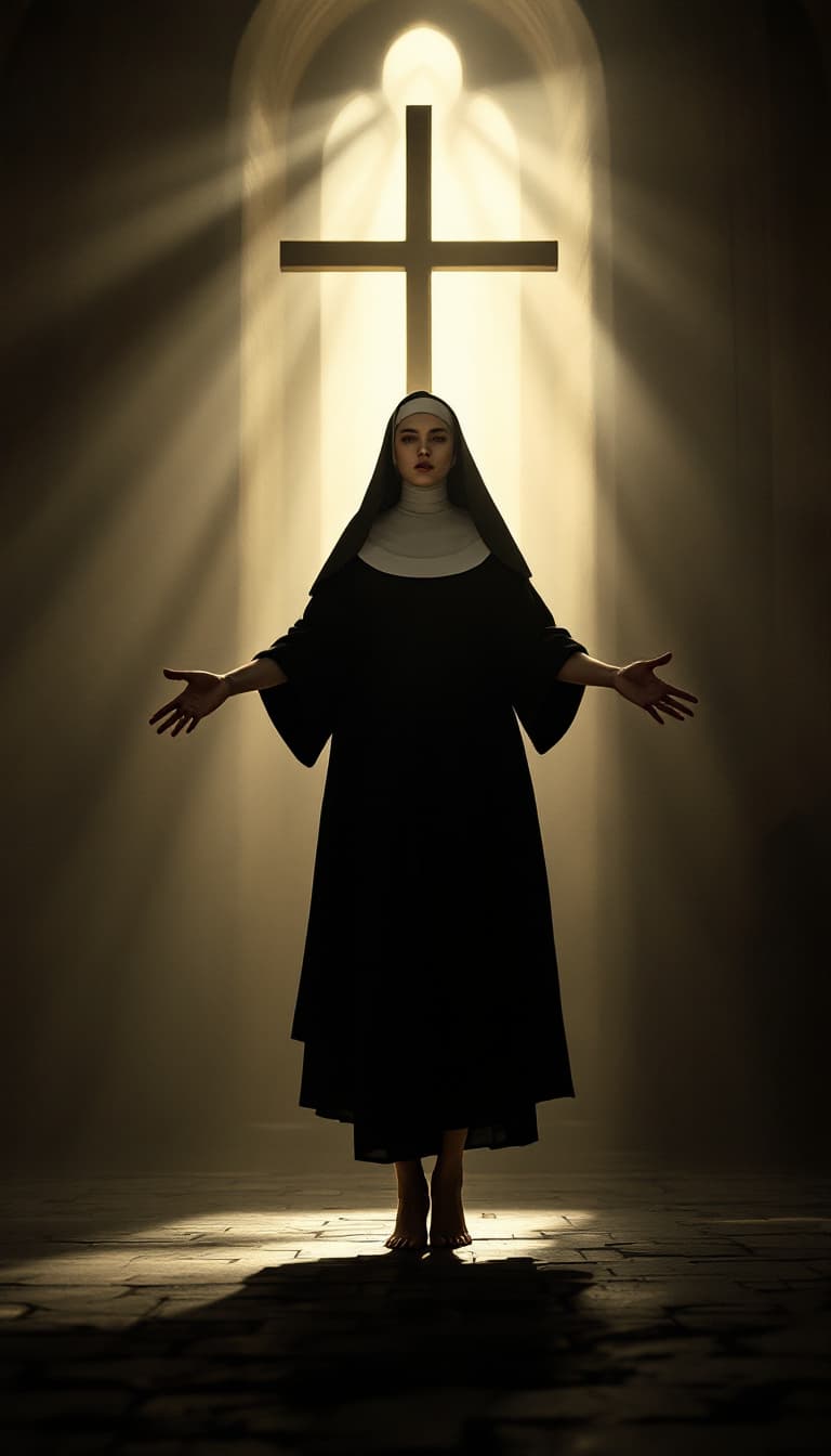 AI generated: Full body view of Hyper realistic full body view of beautiful 20yo nun, indigen Face, long legs, ver...