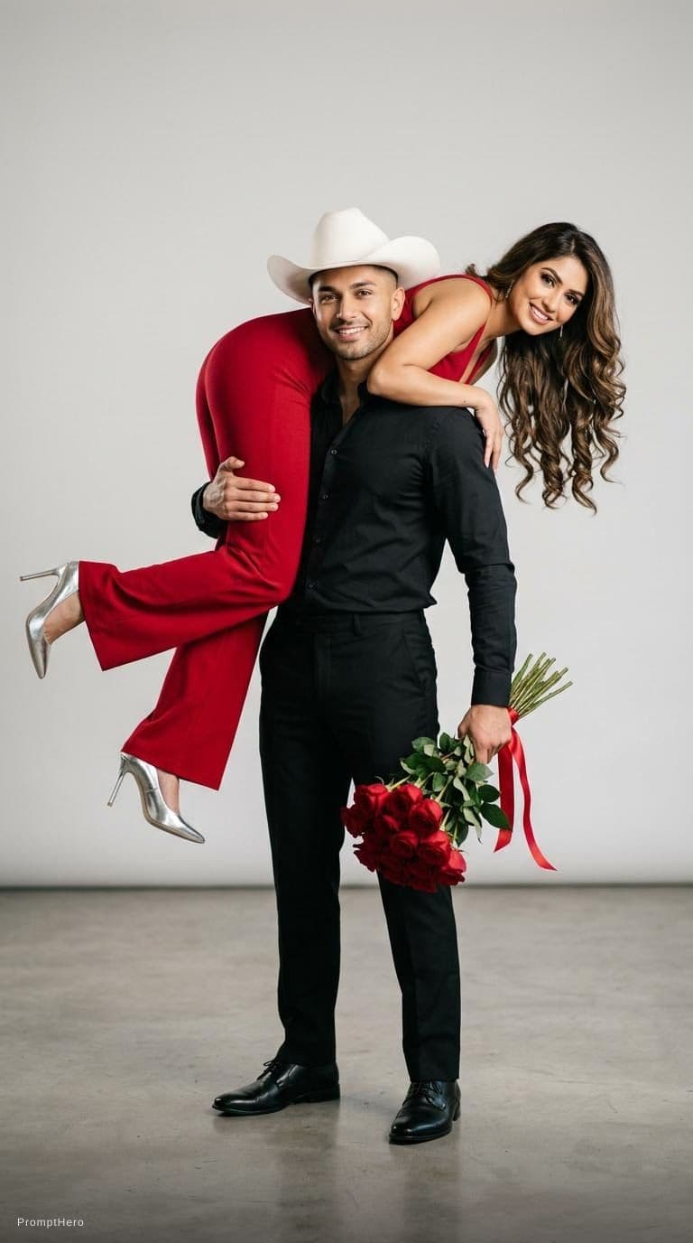 AI generated: Ultra realistic studio couple portrait, romantic fashion editorial photoshoot, minimalist studio bac...