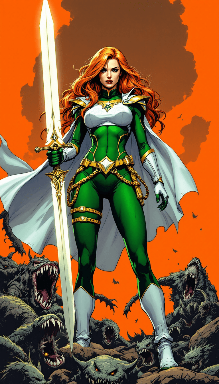 AI generated: The image is an illustration of a female superhero with long orange hair. She is wearing a green and...