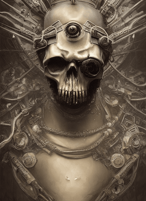 AI generated: portrait shot of SKULL with open mouth
 with gasmask in the front
 in a scenic dystopian environment...