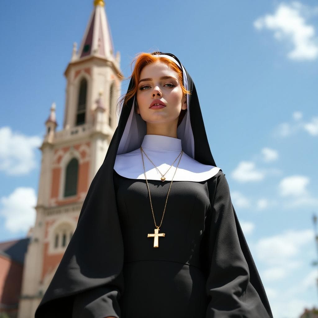 AI generated: A gorgeous red headed Nun in tight-fitting vestments on a sunny day in church