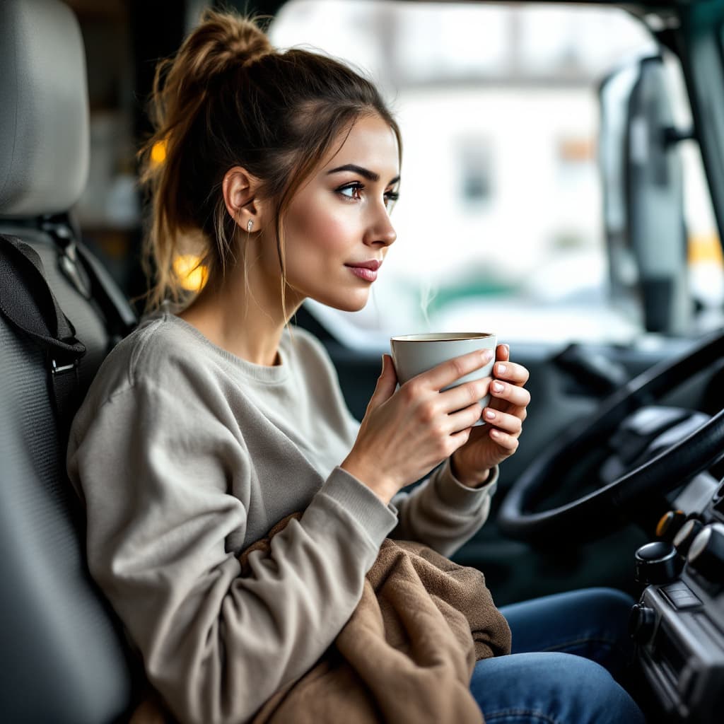AI generated: The image shows a woman in an unusual and contrasting scene: she is sitting in the cab of a garbage ...
