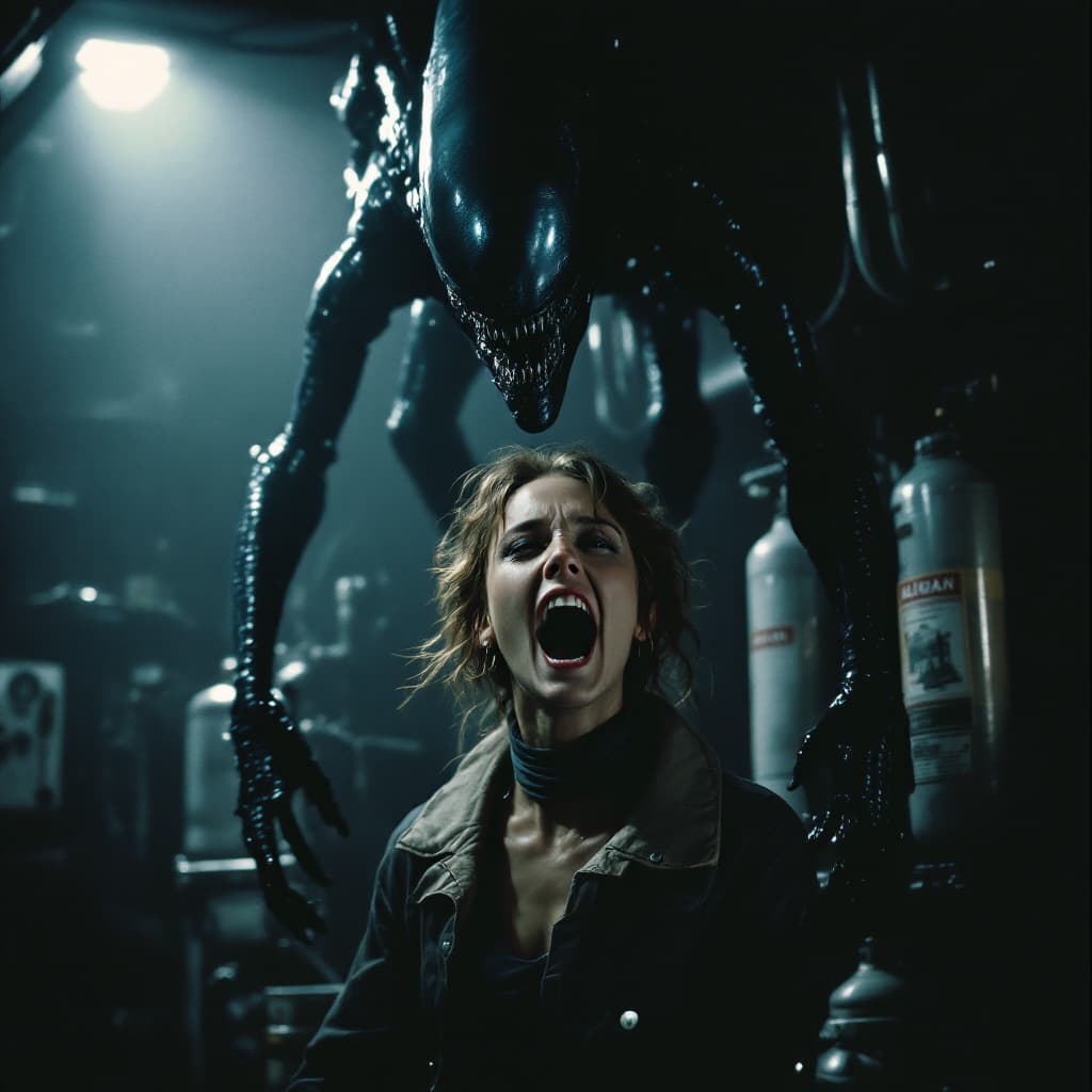 AI generated: A copy of the movie "ALIEN" in the style of Ridley Scott, there is an alien on top and in front of h...