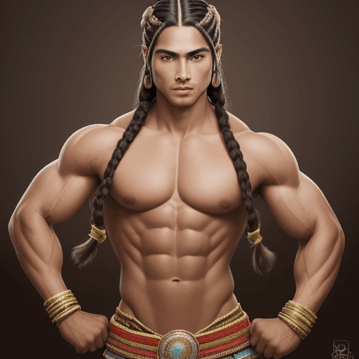 AI generated: fotografía hiper realista, muscular man, inca race, face andean, long hair with many braids, inca em...