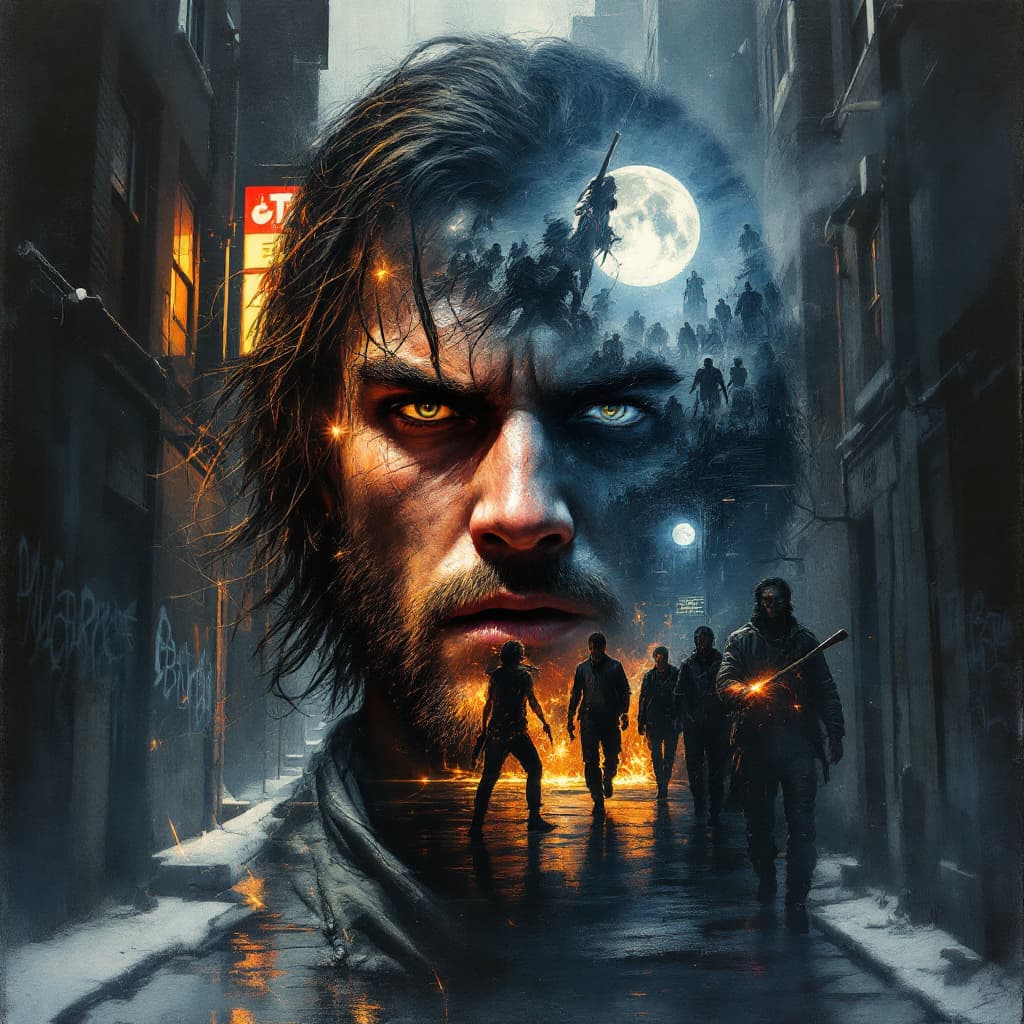 AI generated: Craft a dynamic and emotionally charged oil painting that uses the double exposure technique to capt...