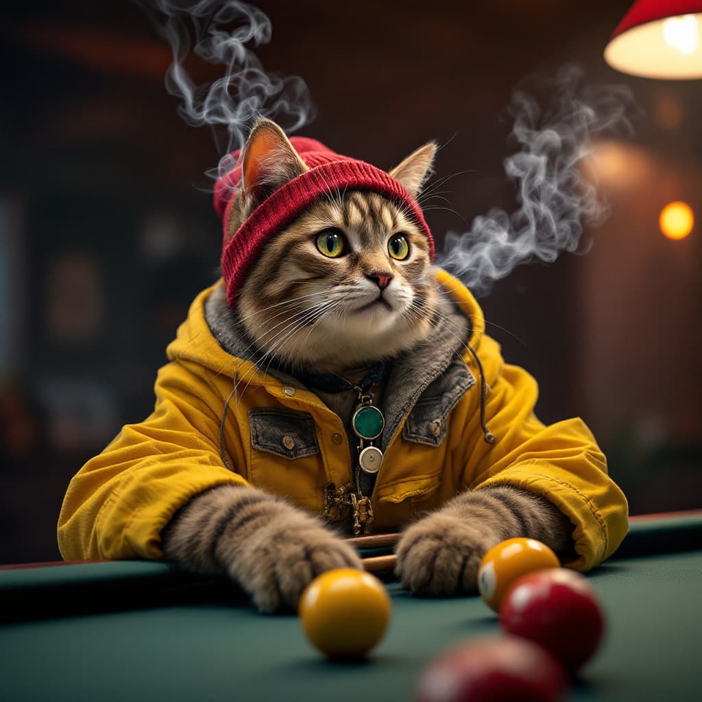 AI generated: Dramatic photo, visual tension, anthropomorphic real cute cat, wearing yellow casual wear, holding a...