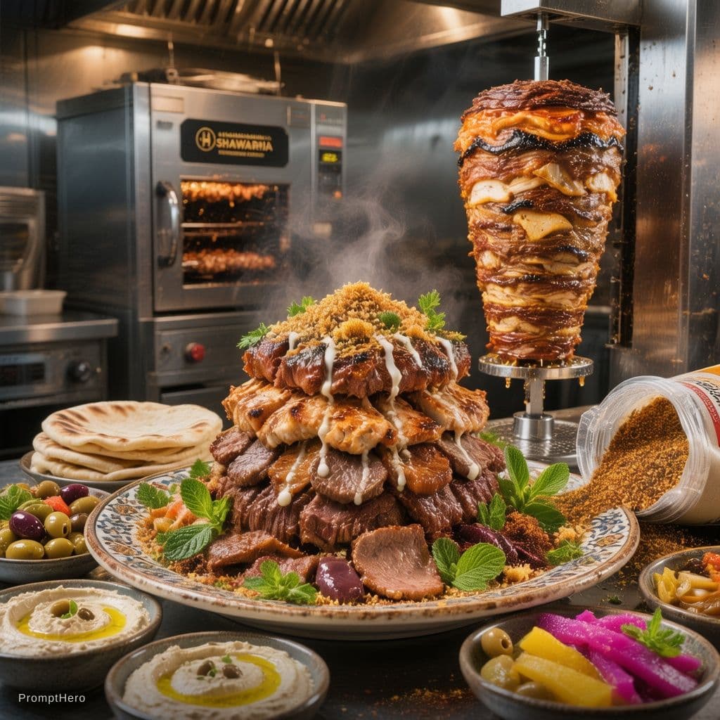 AI generated: ```
A stunning large ornate ceramic platter piled high with freshly carved shawarma meat, glistening...