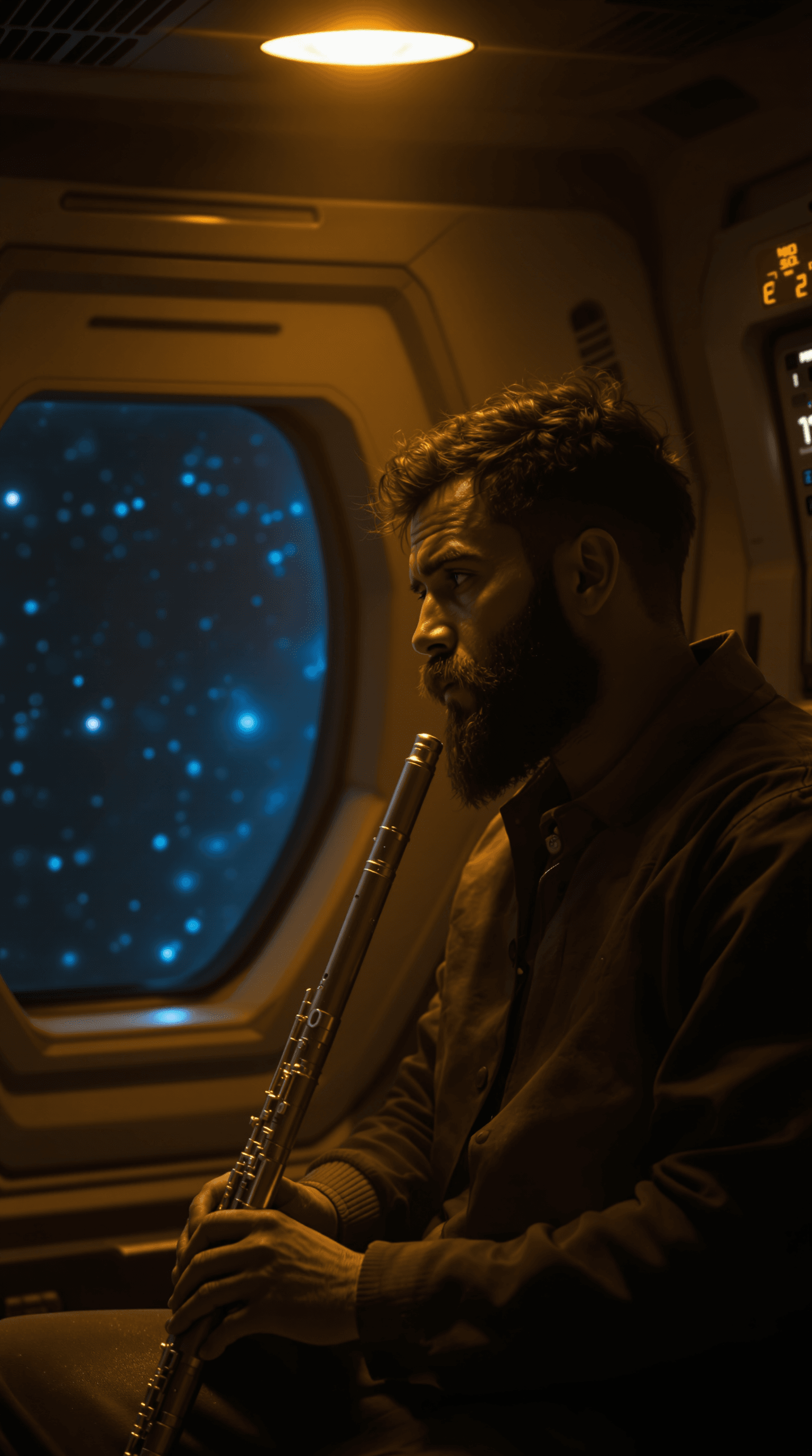 AI generated: A lone figure sits bathed in the soft, flickering glow of a starship cabin, shoulders heavy with the...