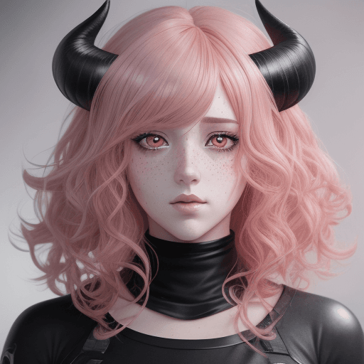 AI generated: anime style, Handsome woman with pink medium length curly hair, freckles, revealing her too big deep...