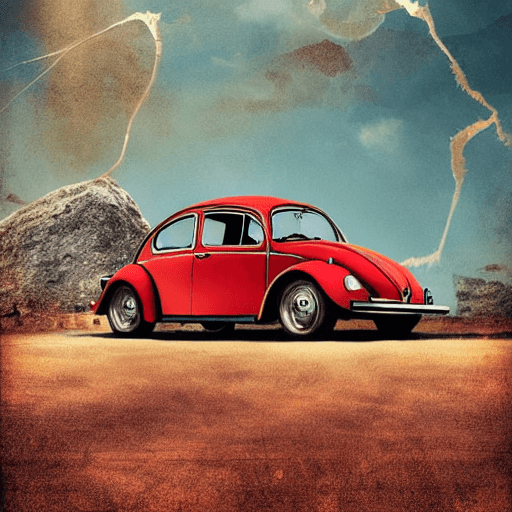 AI generated: vw beetle vintage poster, in the style of rustic simplicity, gritty reportage, kombuchapunk, rusty d...