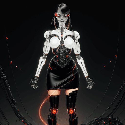 AI generated: full body of cyborg lady, cybernetic jaw, mechanical parts, white shirt, unbottoned, black latex ski...