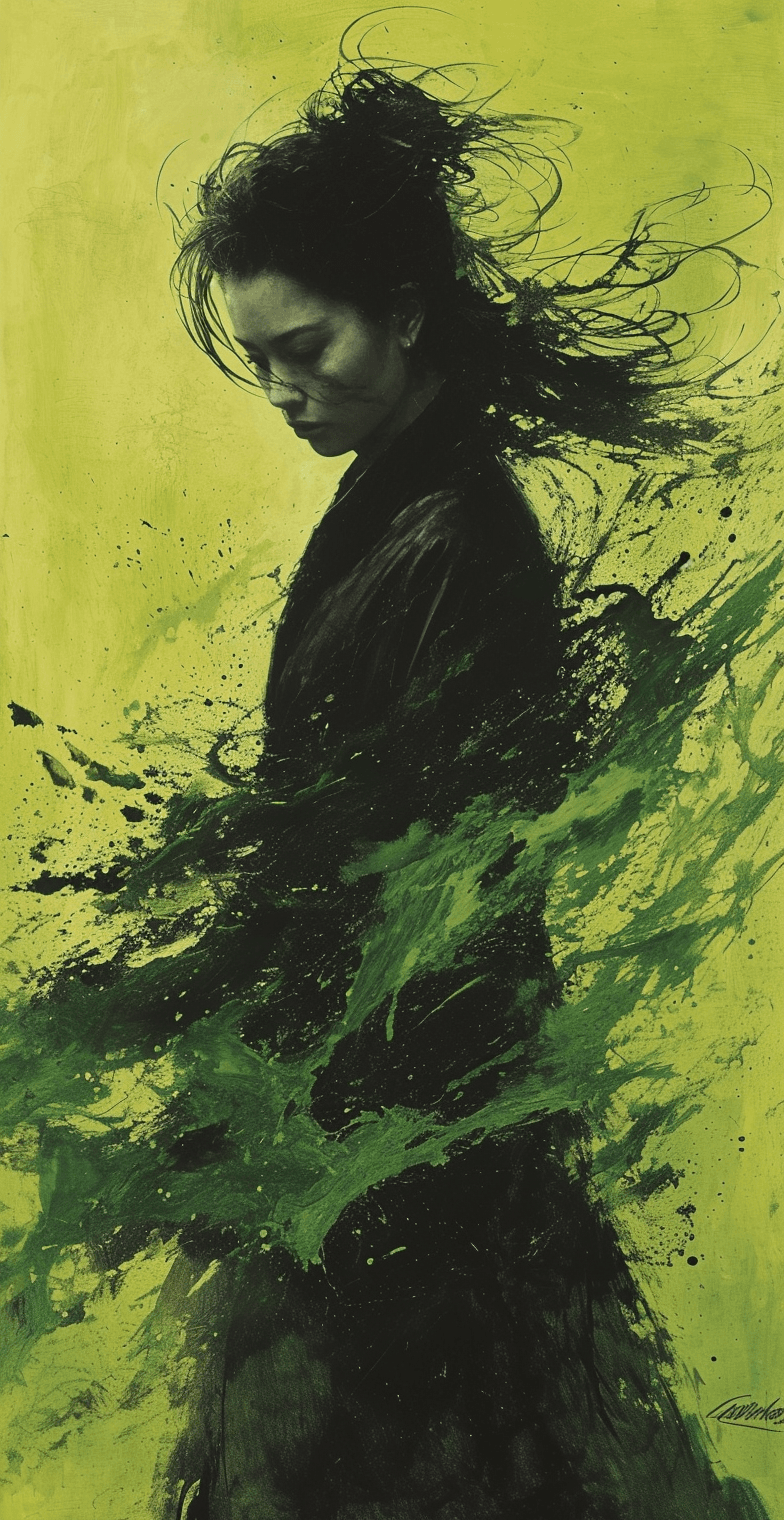 AI generated: modern chinese ink painting in green, in the style of kathrin longhurst, n.c. wyeth, energetic gestu...