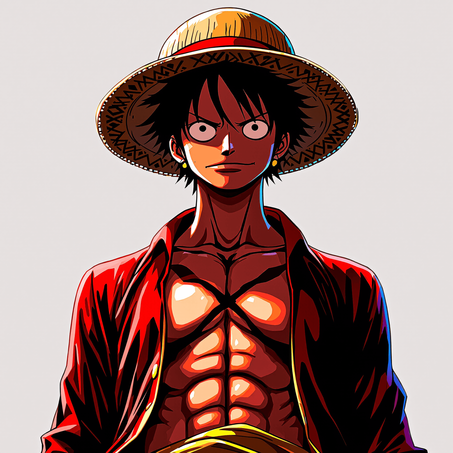 AI generated: Monkey D. Luffy, one piece anime, X-shaped scar on his chest, Straw Hat, symmetrical body, portrait,...
