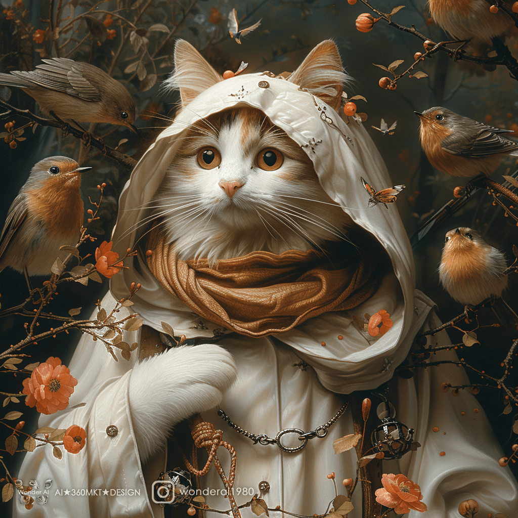 AI generated: multiple kingfisher around an anthropomorphic cute cat wearing white wizard robe, in the style of et...