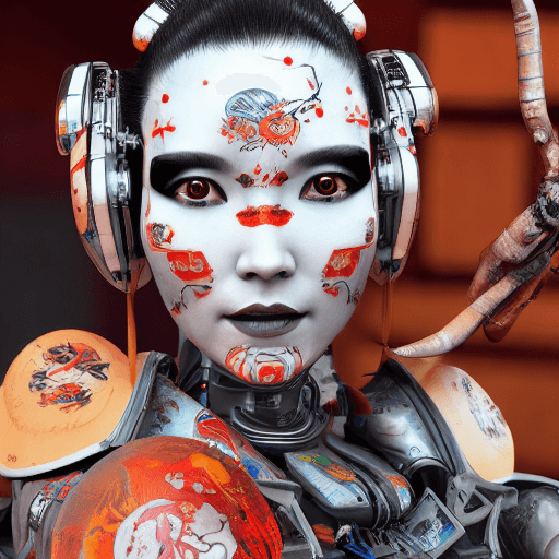 AI generated: an epic fantastic realism comic book style portrait painting of a japanese robotic geisha with kanji...