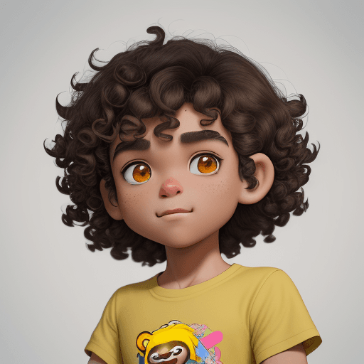 AI generated: a sloth boy with curly hair, mixed Asian brown beauty and yellow shirt, in the style of rendered in ...