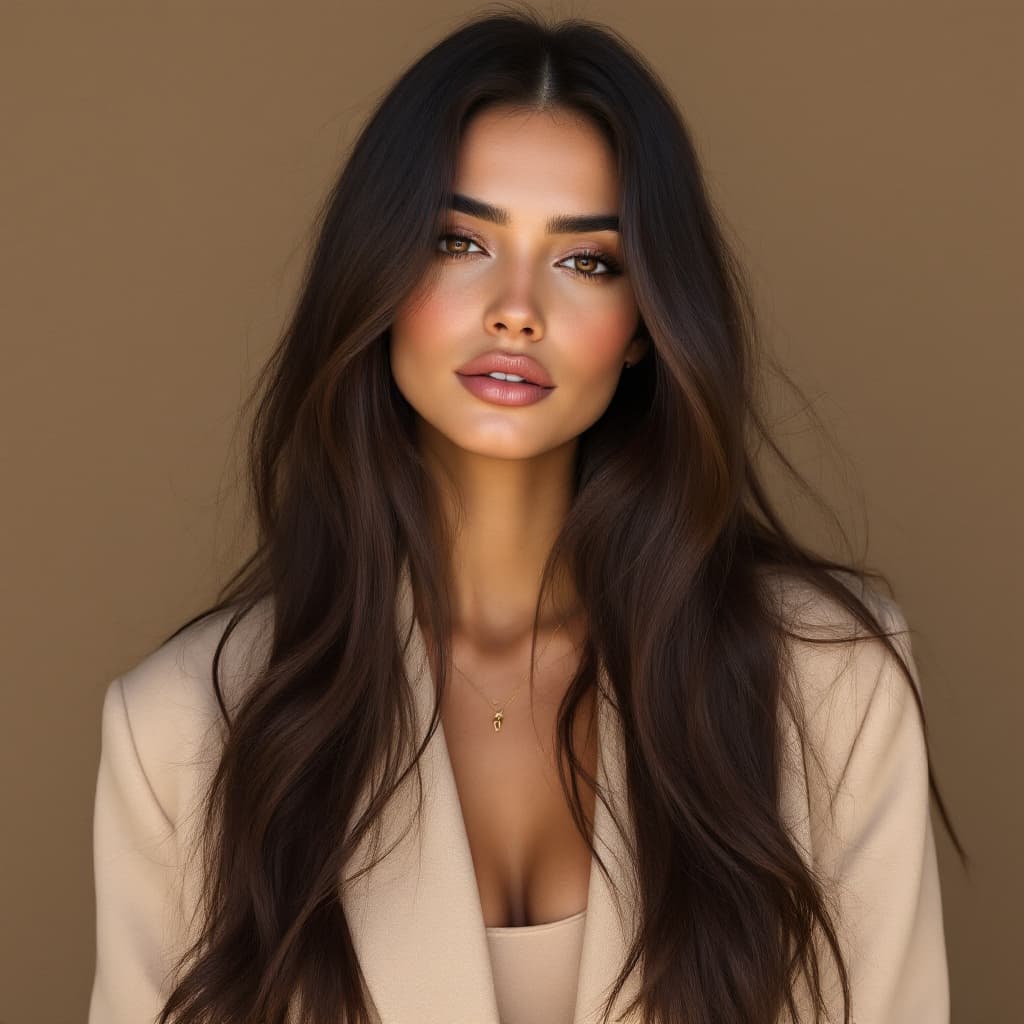 AI generated: A 24-year-old French-Moroccan woman with long silky dark brown hair, golden beige skin, wearing a ch...
