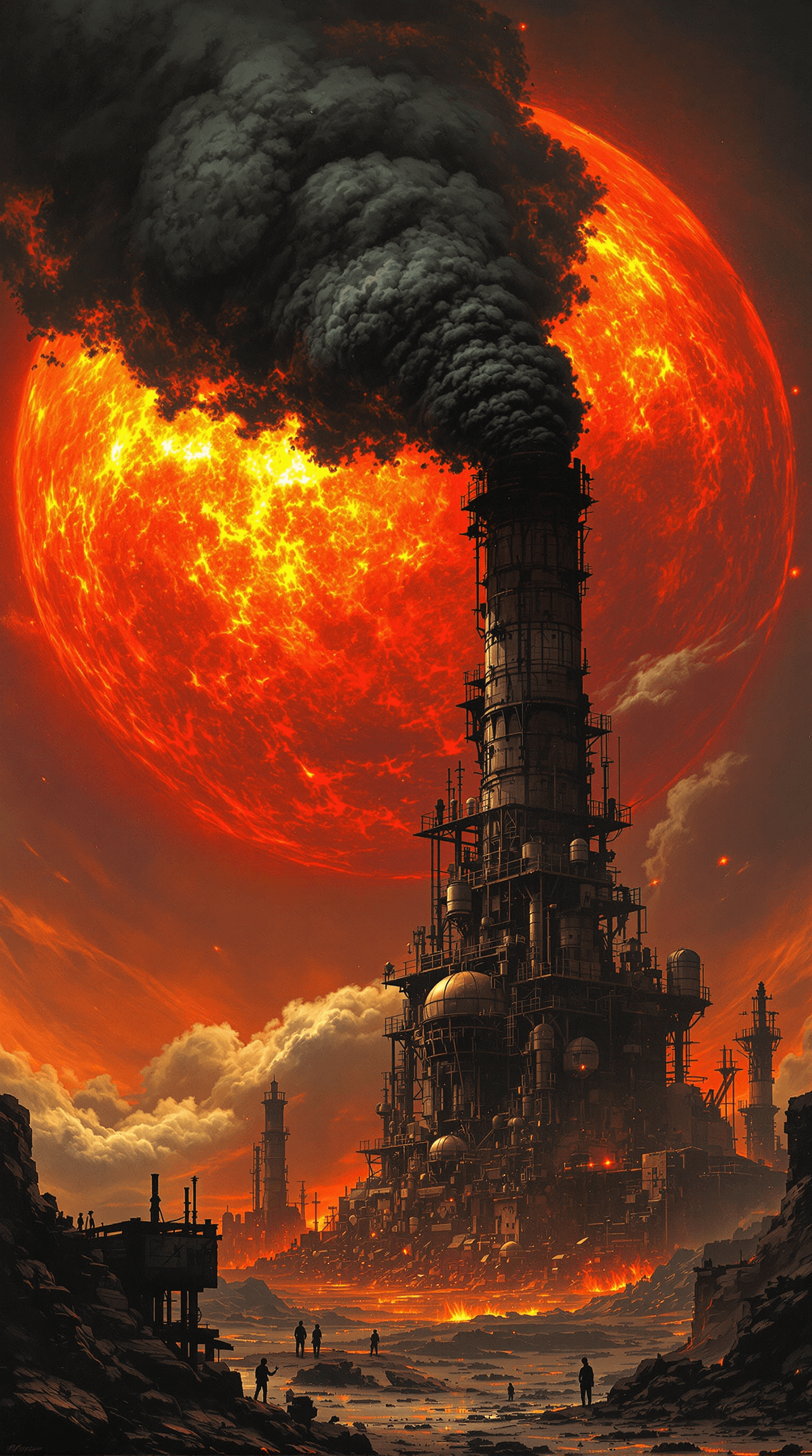 AI generated: A massive, burning sun looms on the horizon, its size overwhelming and its fiery surface radiating i...