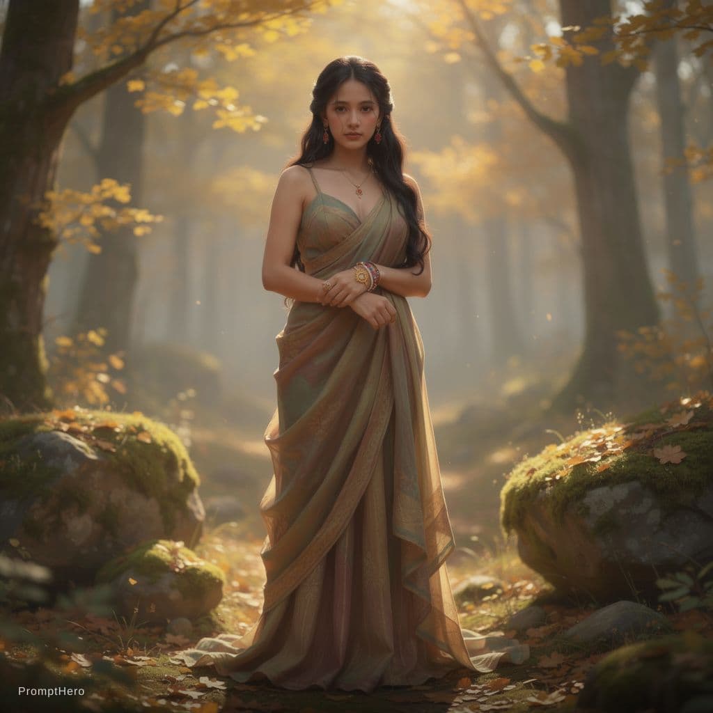 AI generated: A striking young female stands in a sun-dappled forest clearing, her long, wavy hair cascading over ...