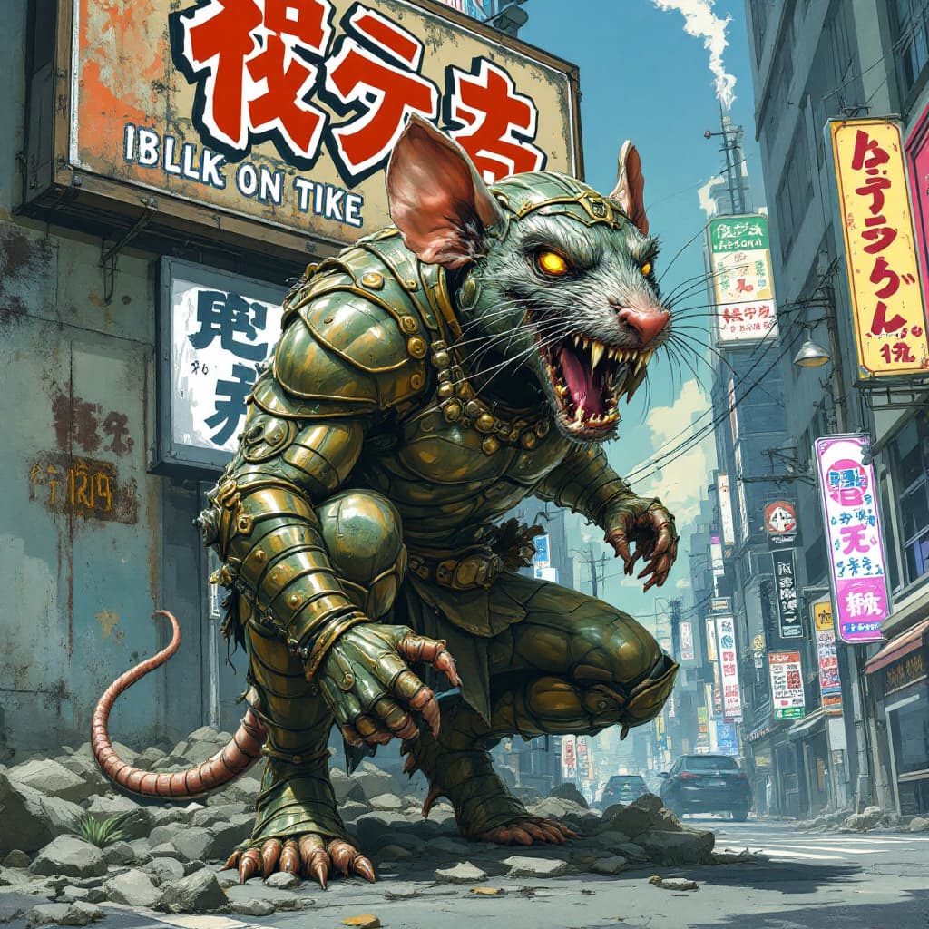 AI generated: brutal muscular poor rat warrior hide on city , metallic green bronze armor, vector aesthetics ,It's...