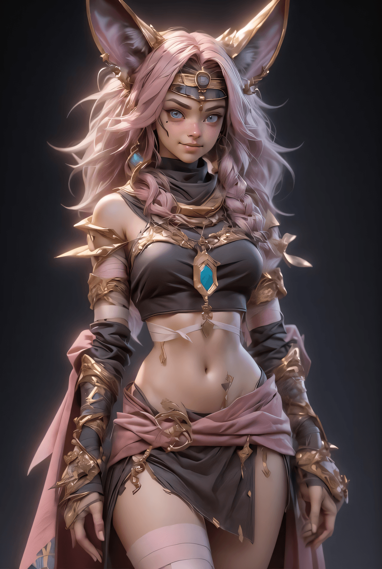 AI generated: (1girl),long pink hair, Blush,Egypt, Middle East robes, Anubis, covered with (bandages),dog ears,  ...