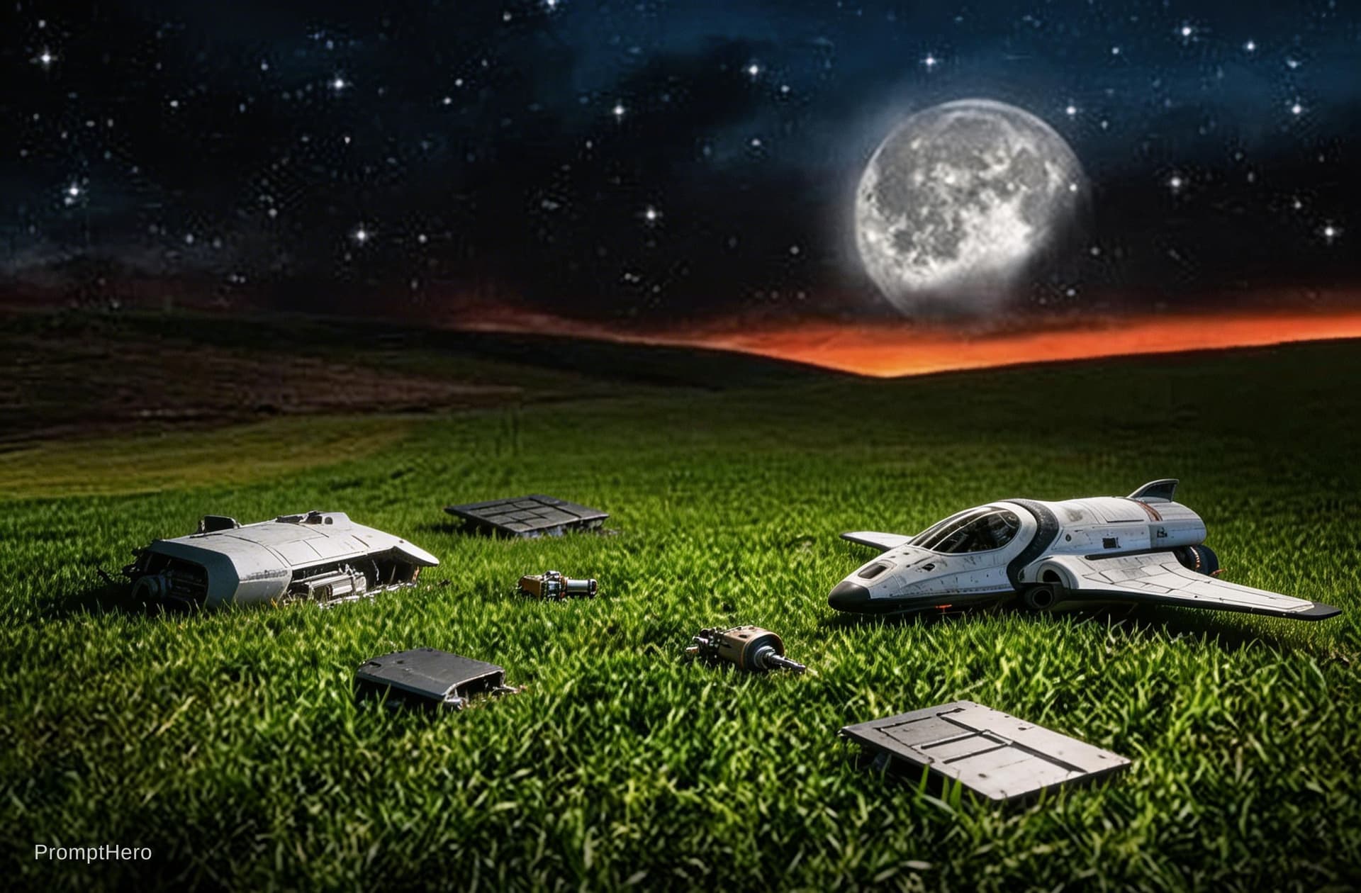 AI generated: Sci-Fi scene. Recreating ROSWELL. Show a small amount of debris from the shuttle in reference image ...