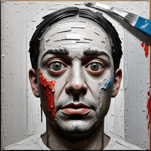 AI generated: terrified man's face, eyes opened wide, pallet knife painted, thick textured, thick layers of paint
