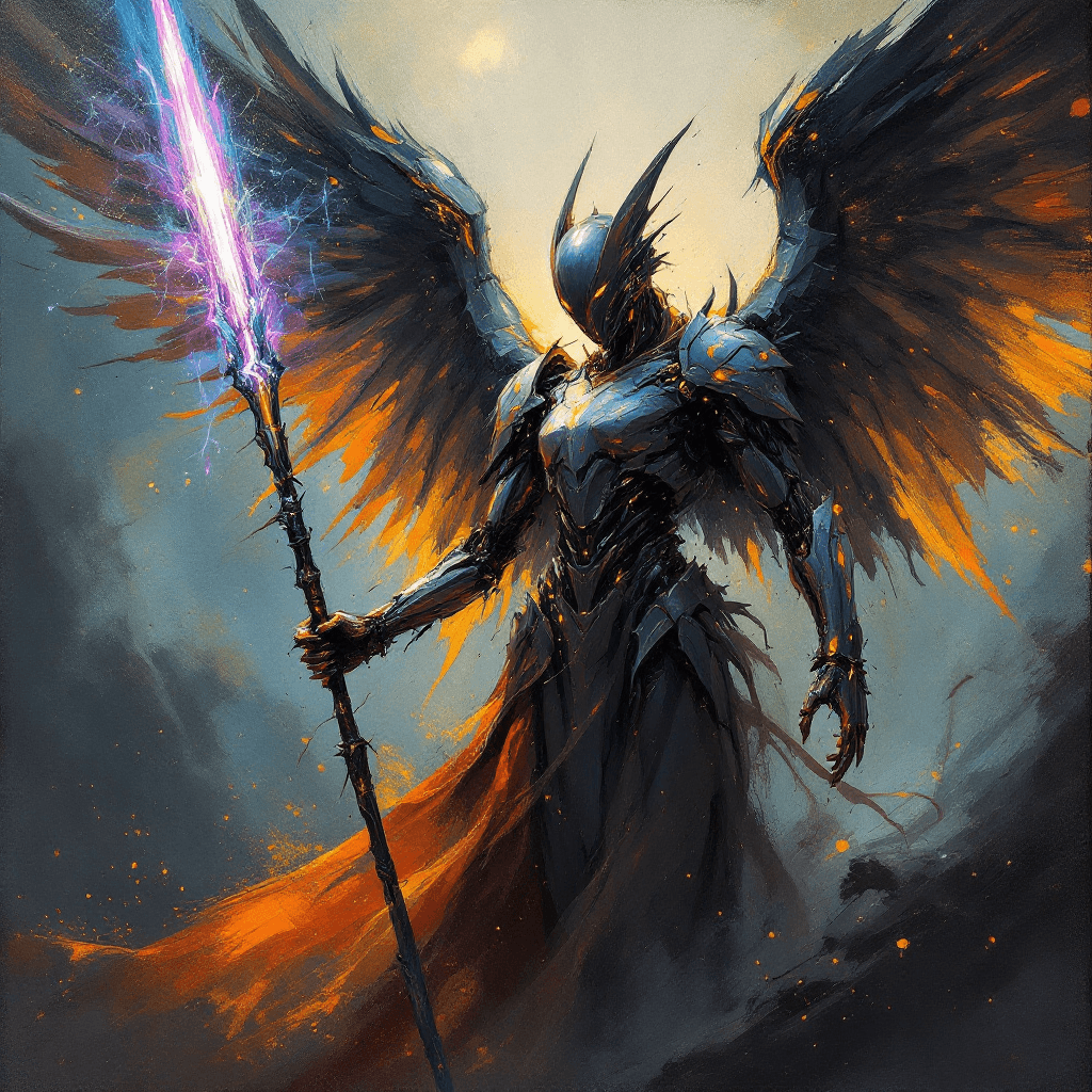 AI generated: Impressionist painting an image meant for the 9:21 aspect ratio, mechanical angel, dark atmosphere, ...