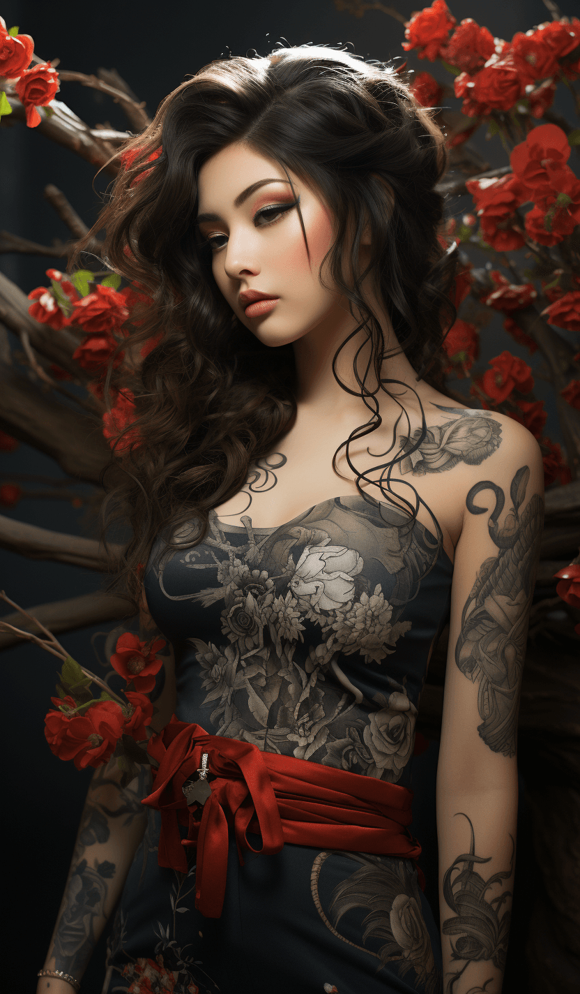 AI generated: tattoos on young woman in old chinese dress, in the style of realistic yet romantic, light brown and...