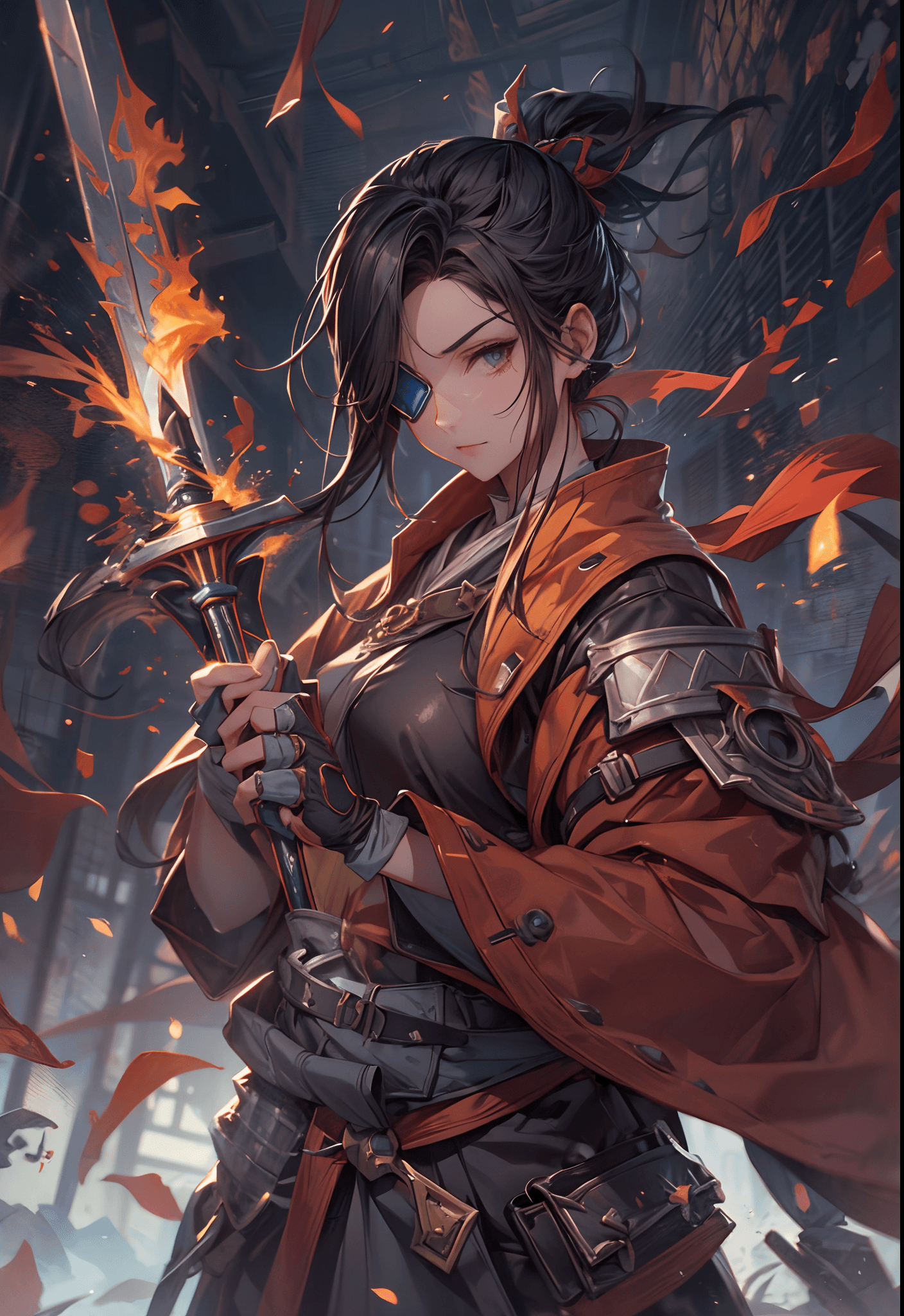 AI generated: cinematic shot, concept art, splash art, masterpiece, a close up of a person holding a sword, concep...